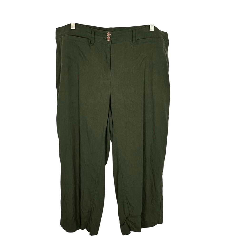 J.Jill Women's XL Linen Stretch‎ Wide Leg Ankle Pants Olive Green Classic Staple
